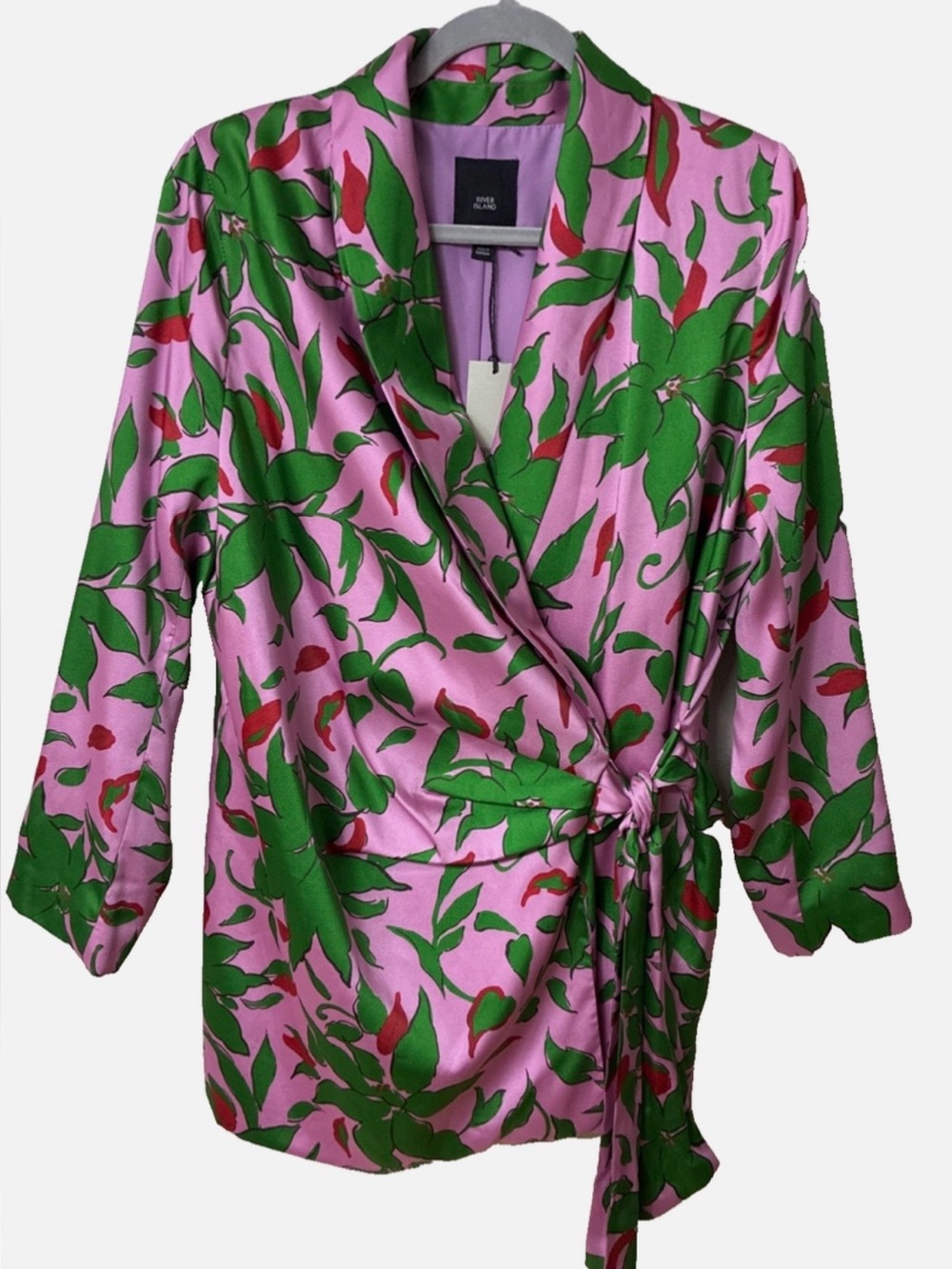River Island Pink Floral Wrap Blazer with Green Leaf Print